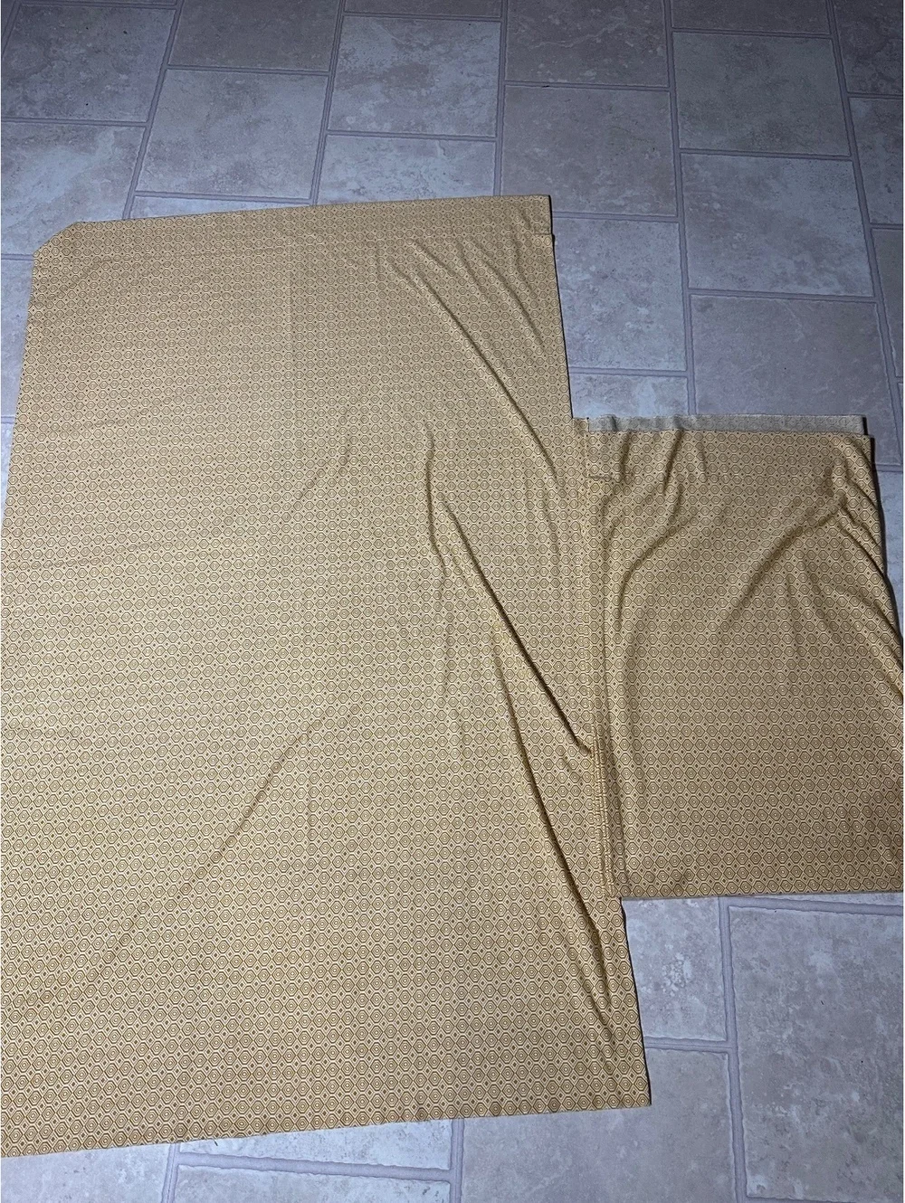 Vintage 70s Mid-Century Panel Geometric Woven Jacquard 1 Pr Gold Hexagon Drapes